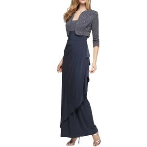 Alex Evenings 2PC Gray Sparkle Evening Gown + Jacket Set Size 16 Formal Wedding